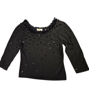 Talbots Sweater Women M Black Beaded Sequin Silk Blend Hollywood Glam Holiday